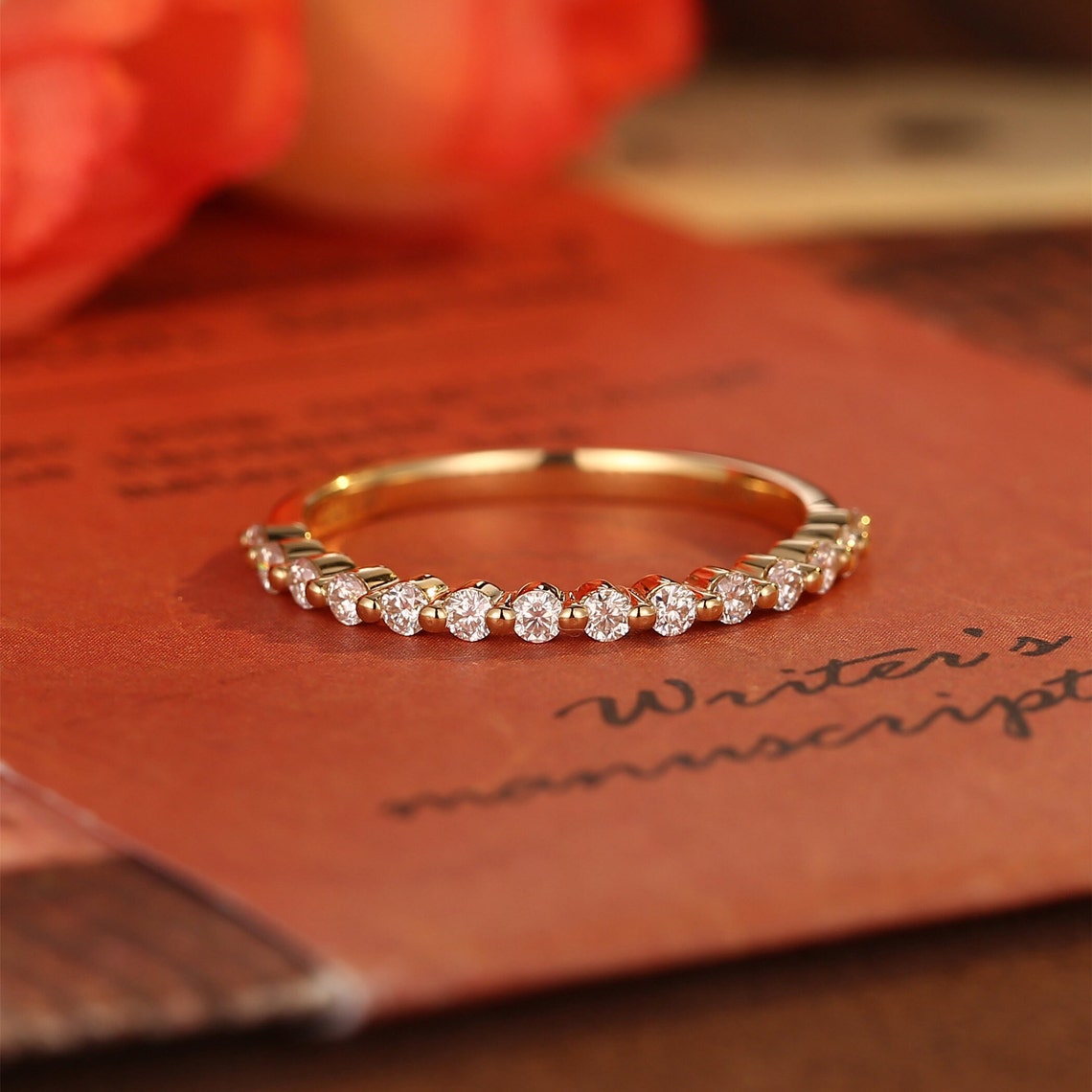 0.3 TCW Round Cut Moissanite Bridal Wedding Band With Half Eternity Style 1