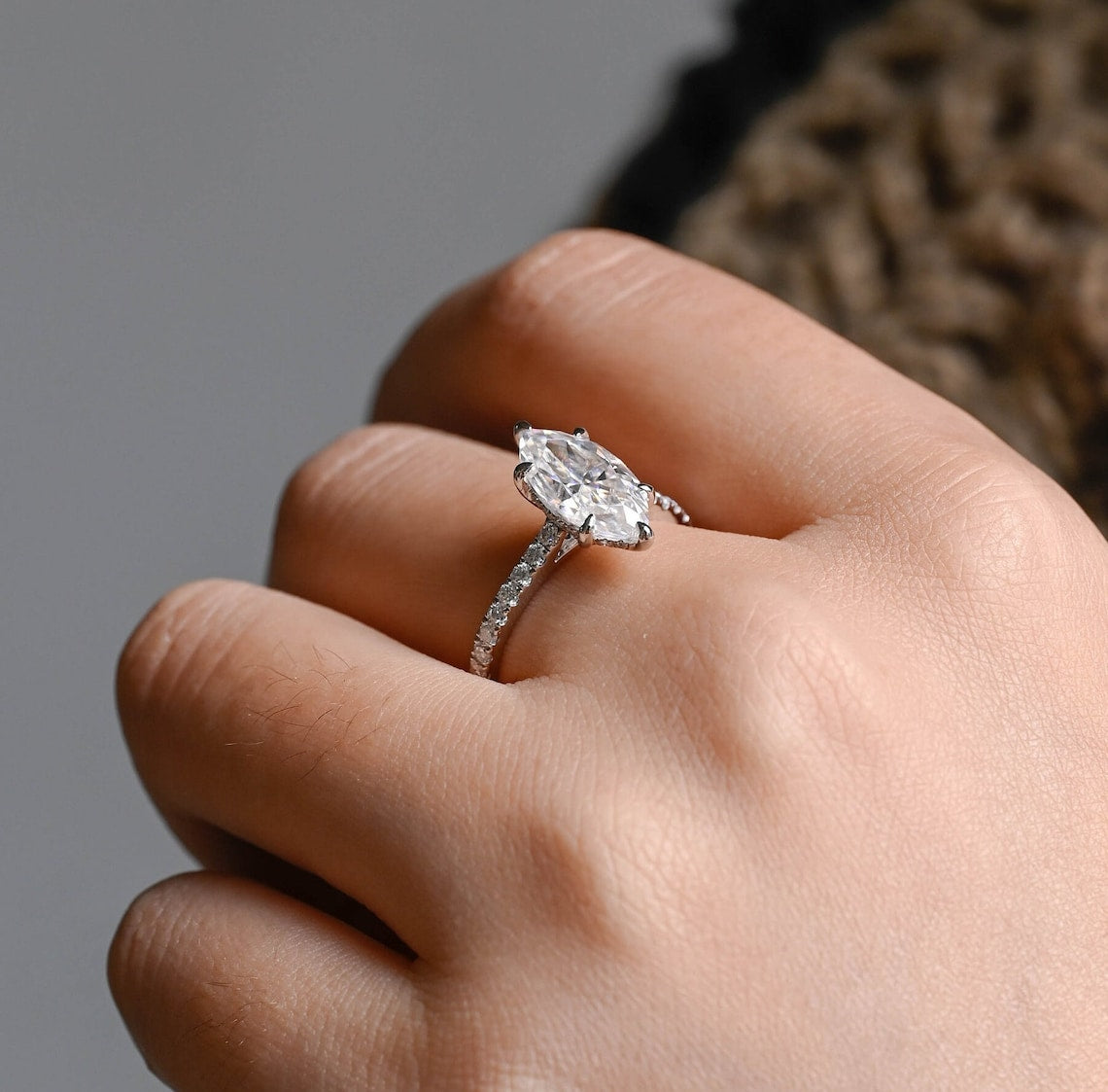 Stunning 3.0 CT Marquise Cut Moissanite Engagement Ring with Hidden Halo & Pave Design 10