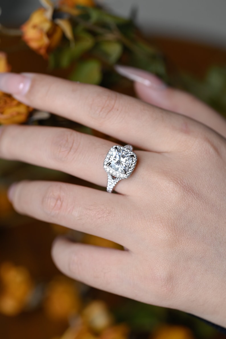 Stunning 1.0 - 2.0 CT Cushion Moissanite Engagement Ring With Pave & Halo Design 10