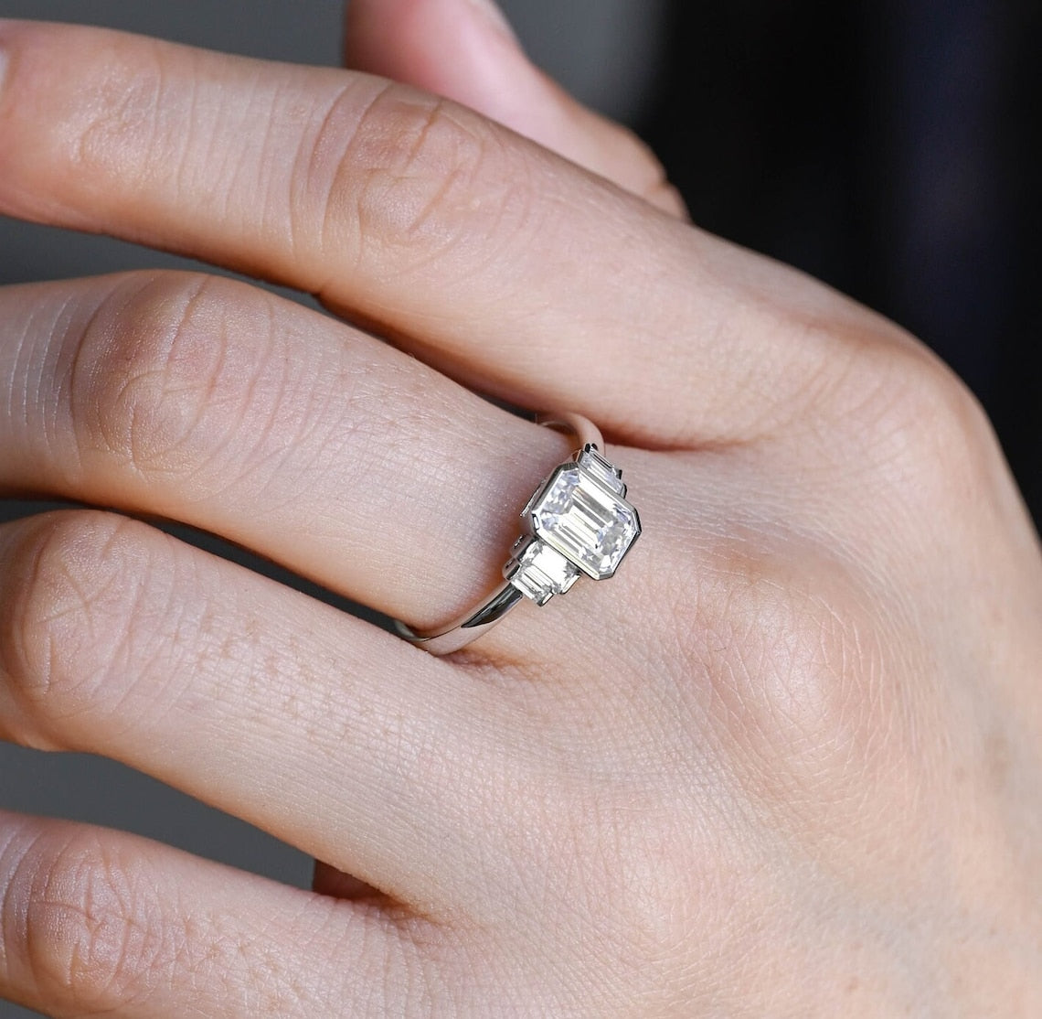 Stunning 3.0 CT Emerald Moissanite Engagement Ring with 3 Stones Design 10