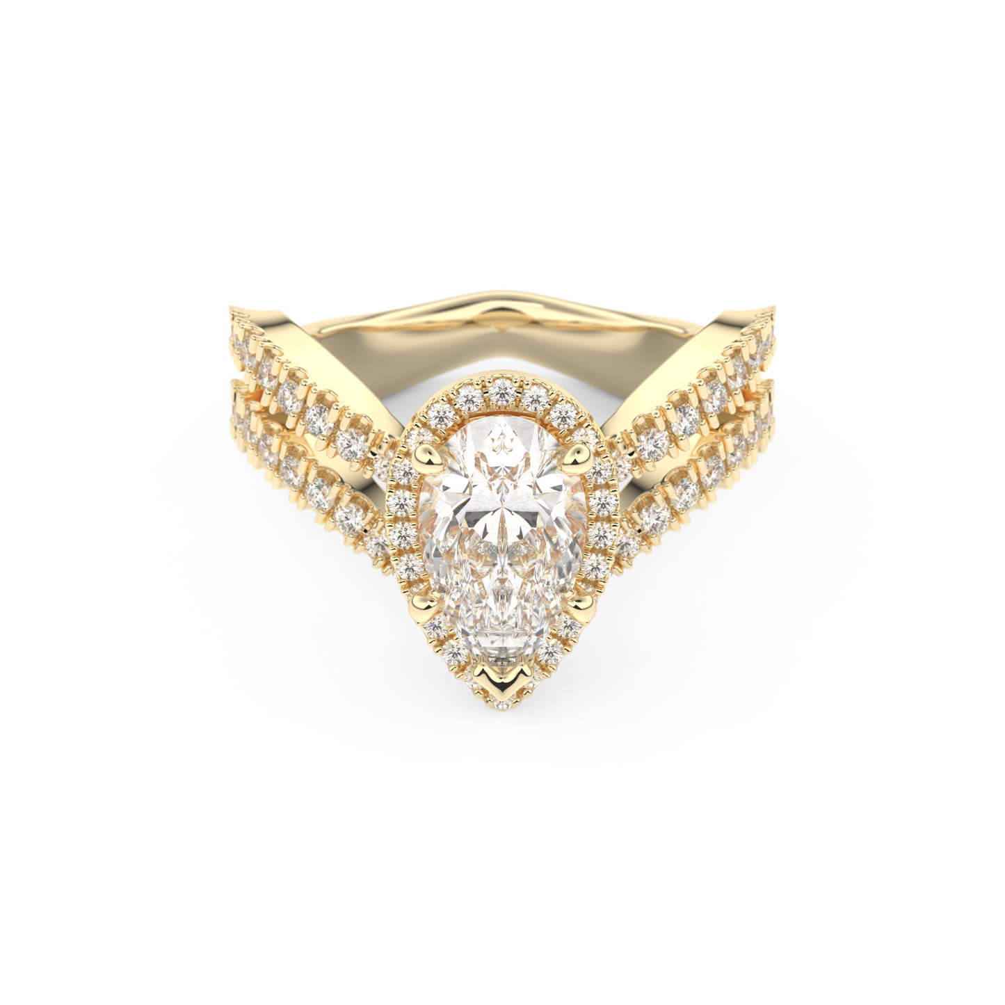 Pear Cut 1.5 Carat Moissanite Ring – Halo, Pave & Curved Shank Setting in Gold