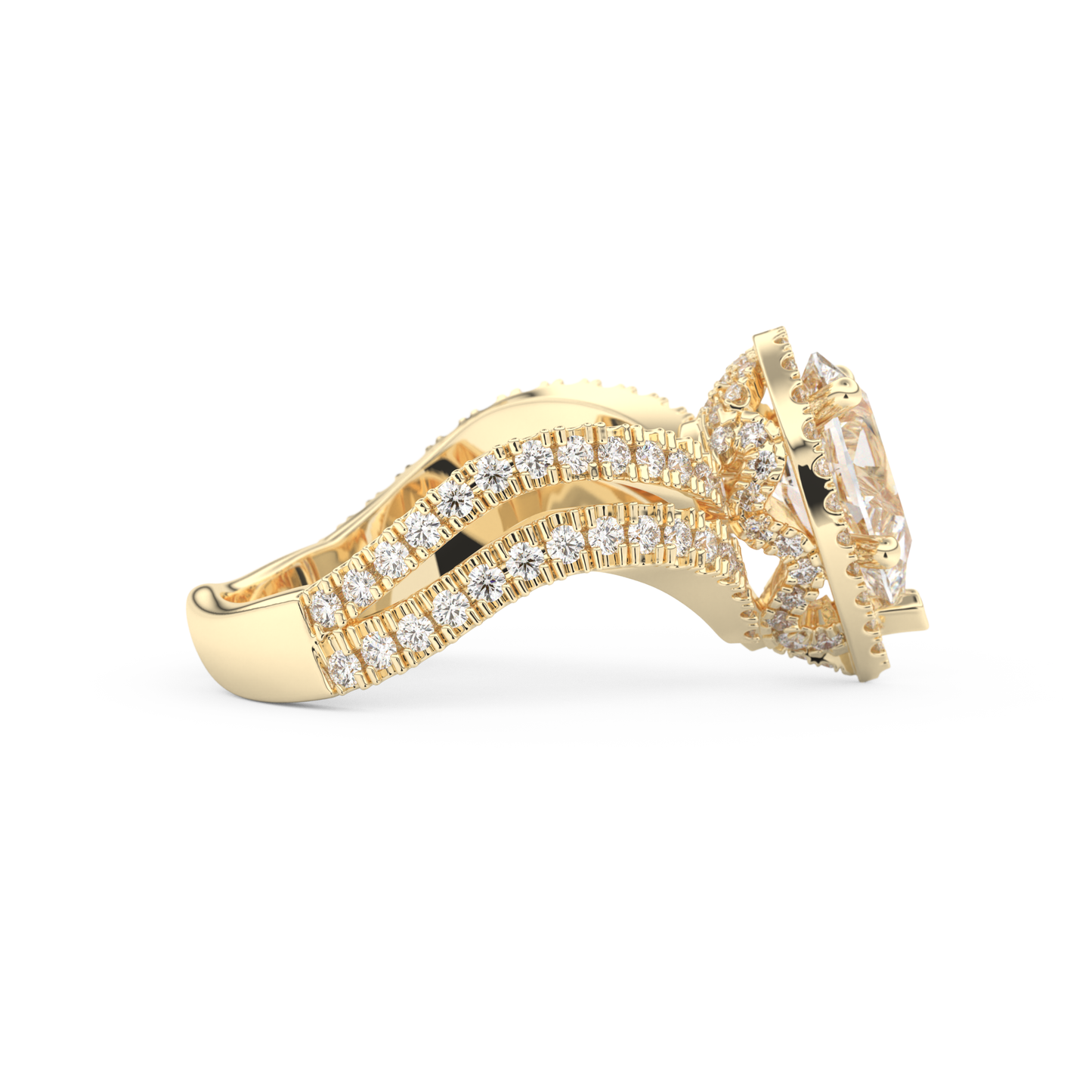 Pear Cut 1.5 Carat Moissanite Ring – Halo, Pave & Curved Shank Setting in Gold