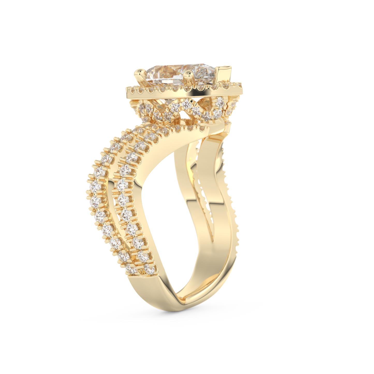 Pear Cut 1.5 Carat Moissanite Ring – Halo, Pave & Curved Shank Setting in Gold