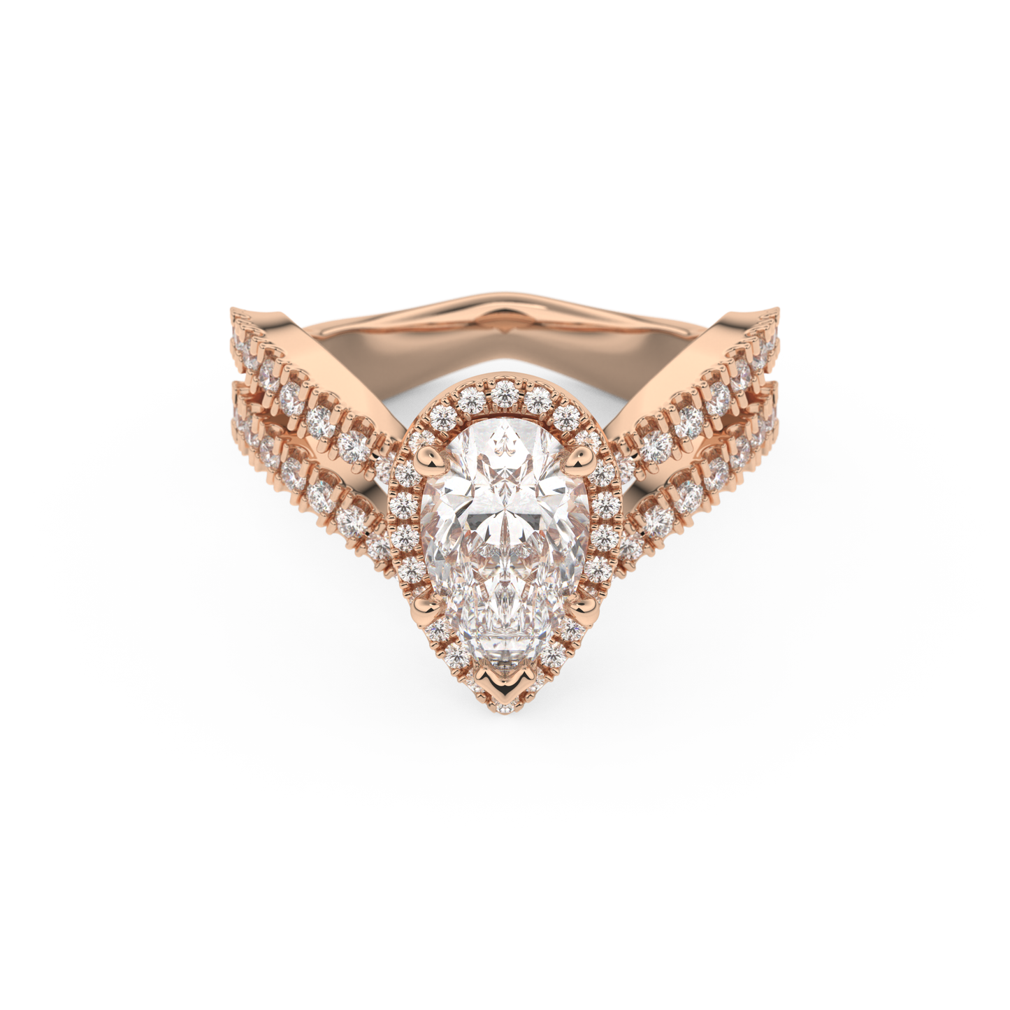 Pear Cut 1.5 Carat Moissanite Ring – Halo, Pave & Curved Shank Setting in Gold