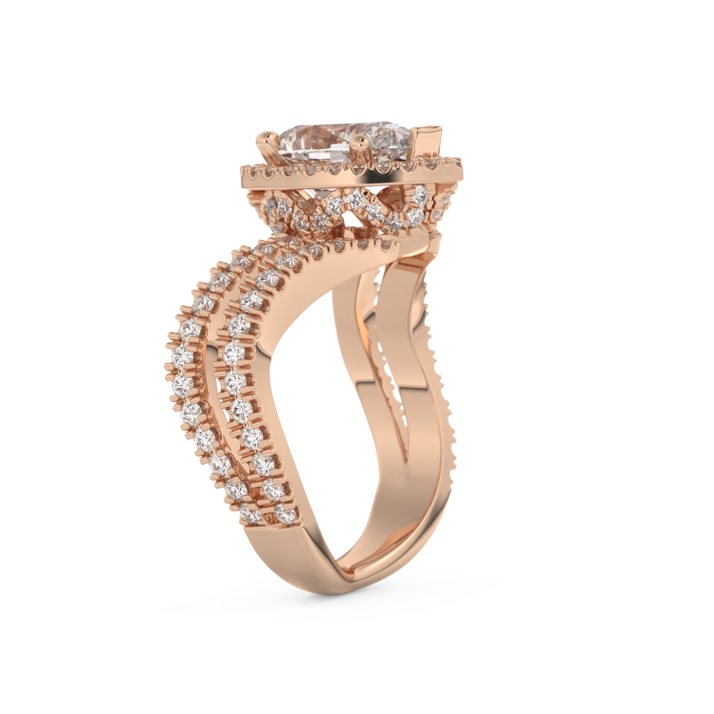 Pear Cut 1.5 Carat Moissanite Ring – Halo, Pave & Curved Shank Setting in Gold