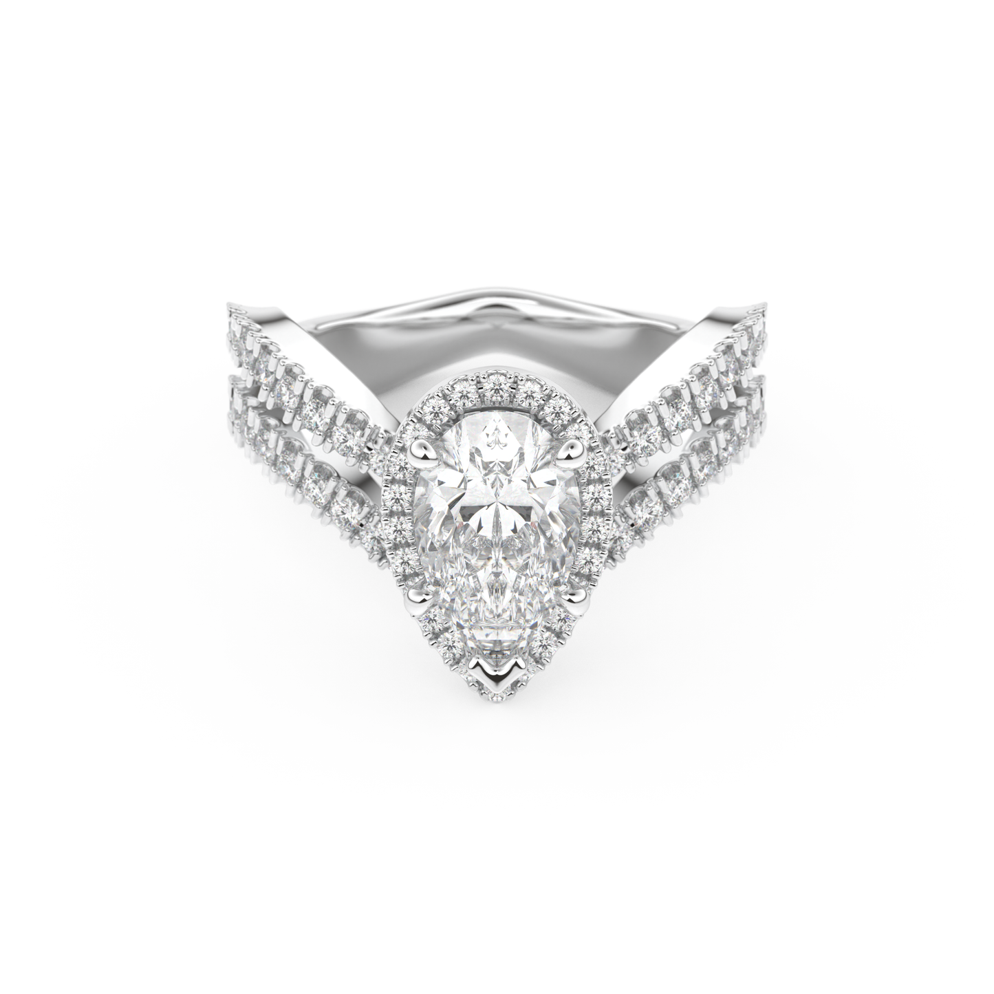 Pear Cut 1.5 Carat Moissanite Ring – Halo, Pave & Curved Shank Setting in Gold