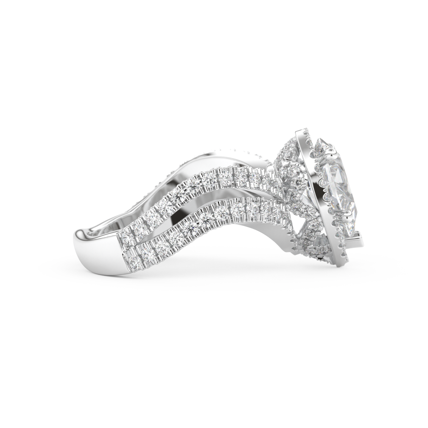 Pear Cut 1.5 Carat Moissanite Ring – Halo, Pave & Curved Shank Setting in Gold