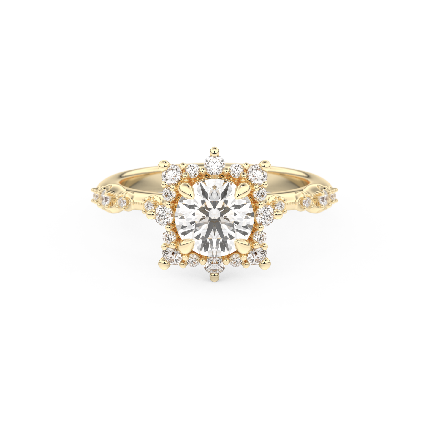 Round Cut 1.03 Carat Moissanite Ring – Cluster Setting in Gold