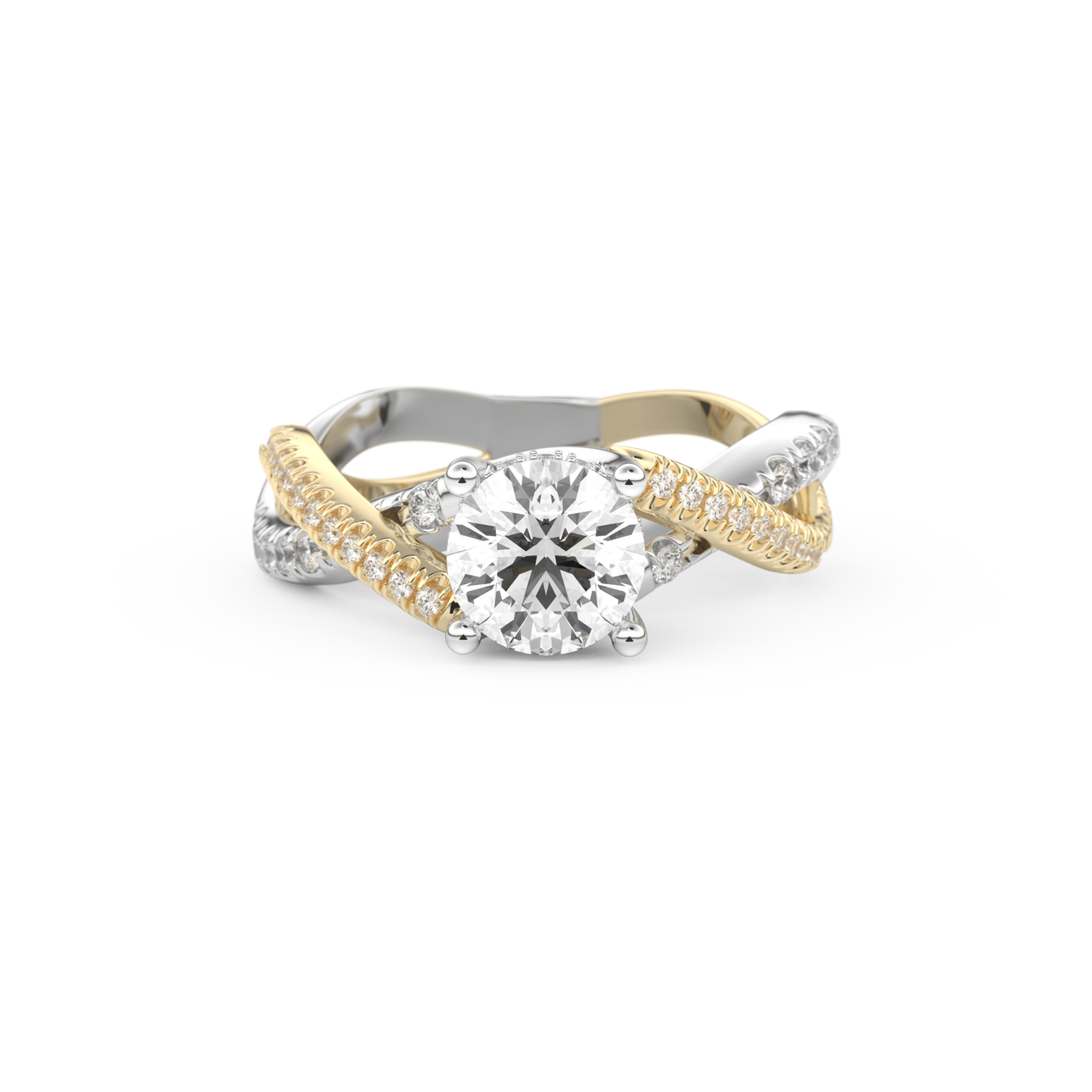 Round Cut 1 Carat Moissanite Ring – Criss Cross Pave Setting in Gold
