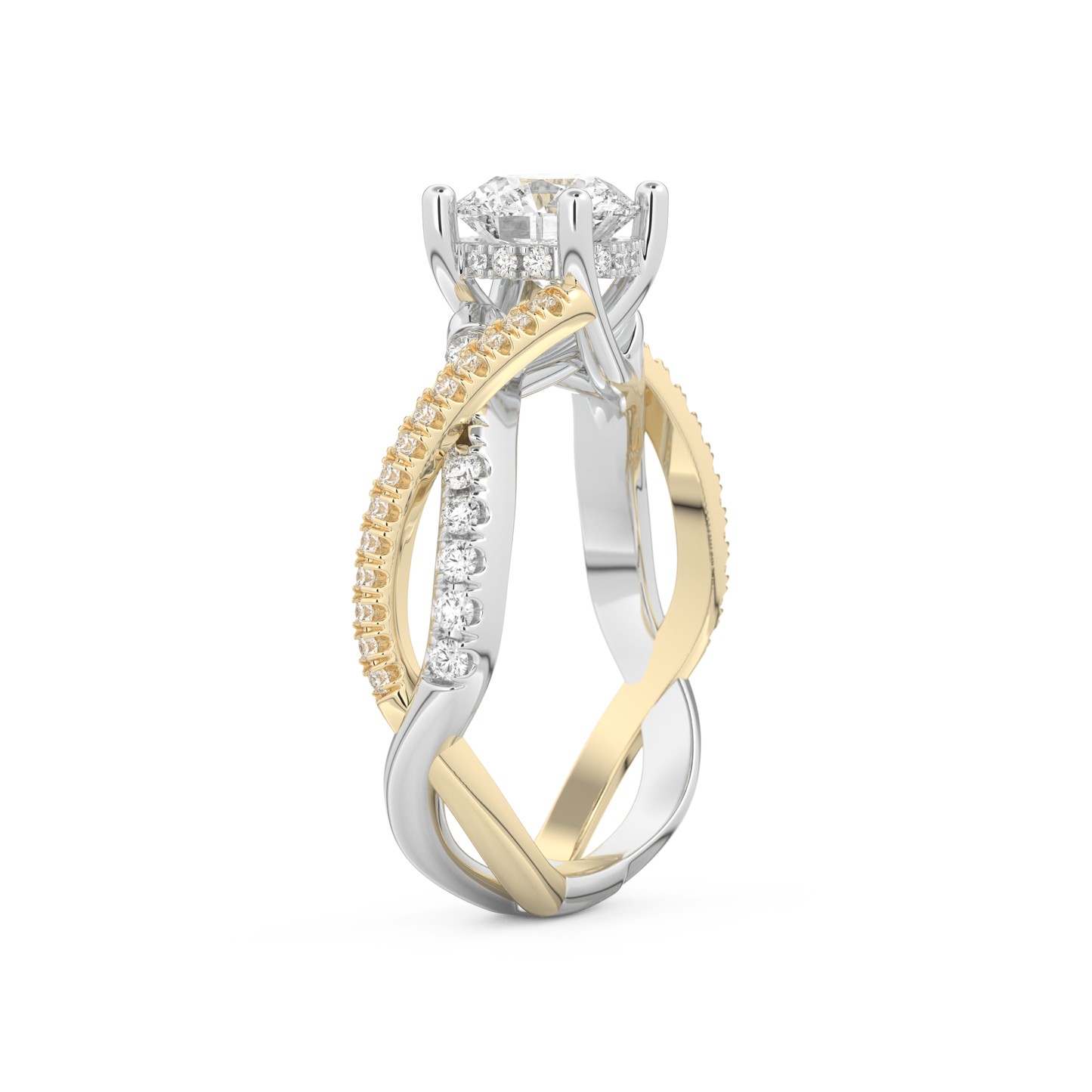 Round Cut 1 Carat Moissanite Ring – Criss Cross Pave Setting in Gold