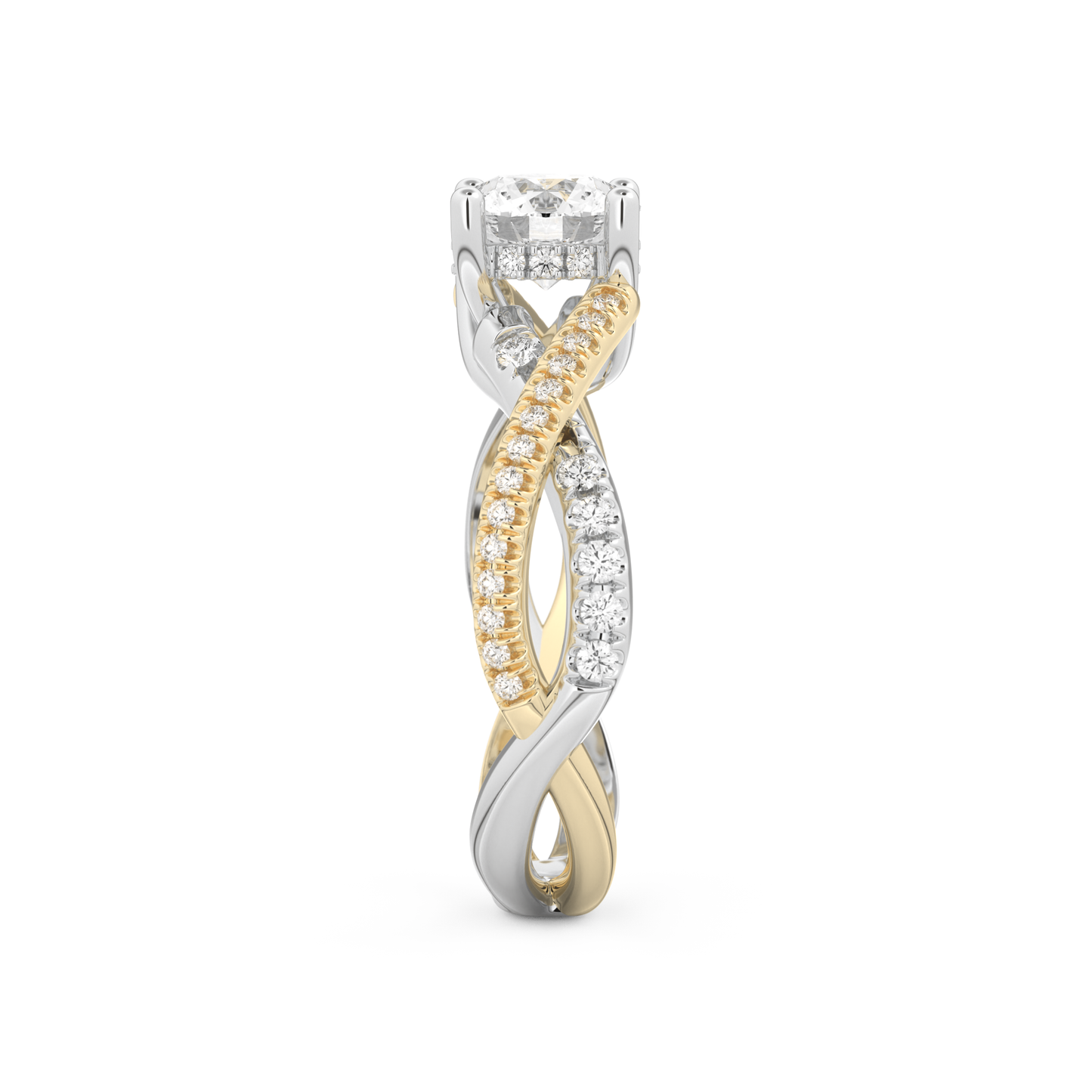 Round Cut 1 Carat Moissanite Ring – Criss Cross Pave Setting in Gold