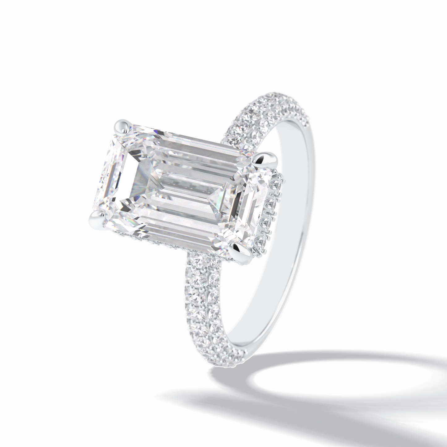 3.99 CT Emerald Cut Hidden Halo & Pave Style Moissanite Engagement Rings