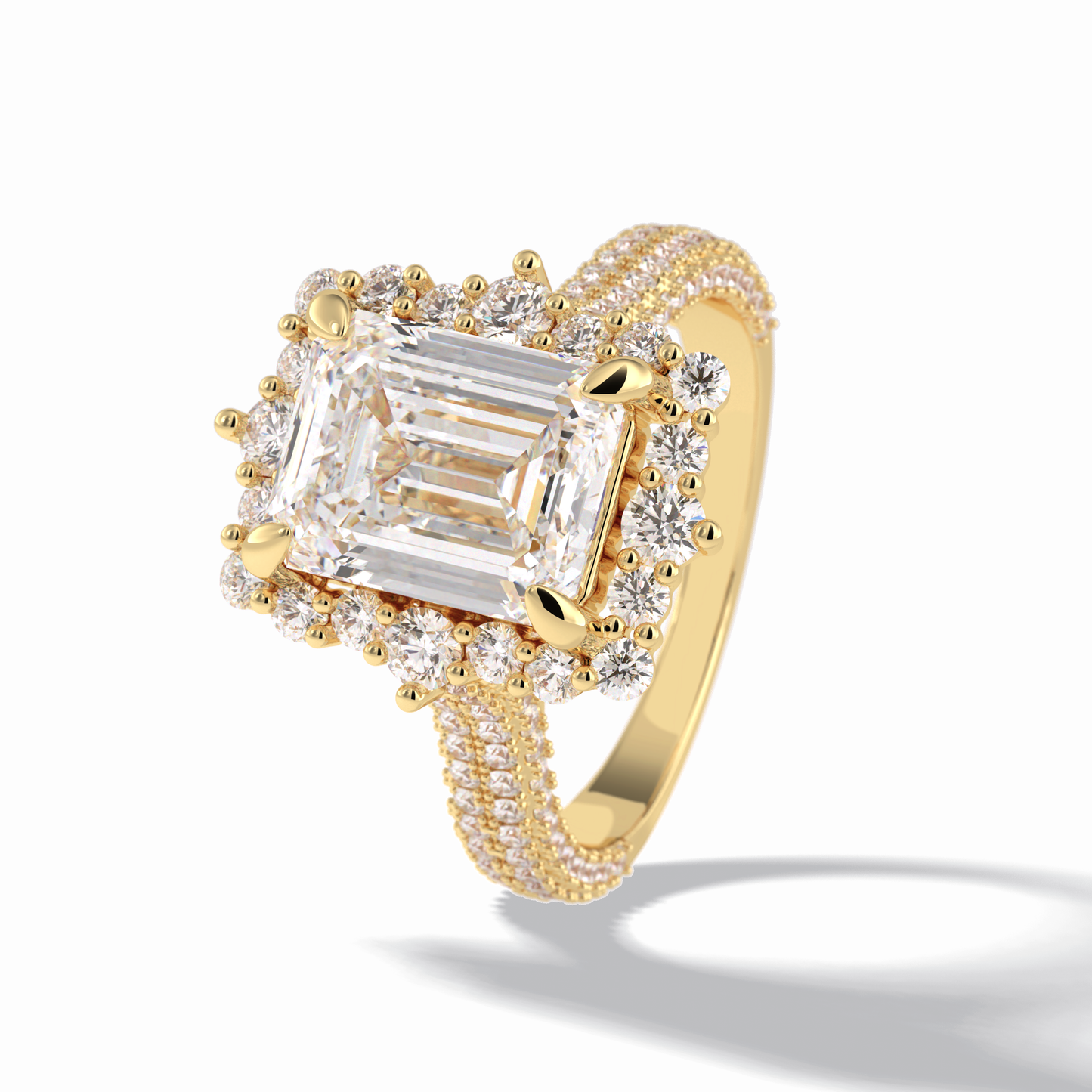 3.0 CT Emerald Cut Halo & Pave Style Moissanite Engagement Rings