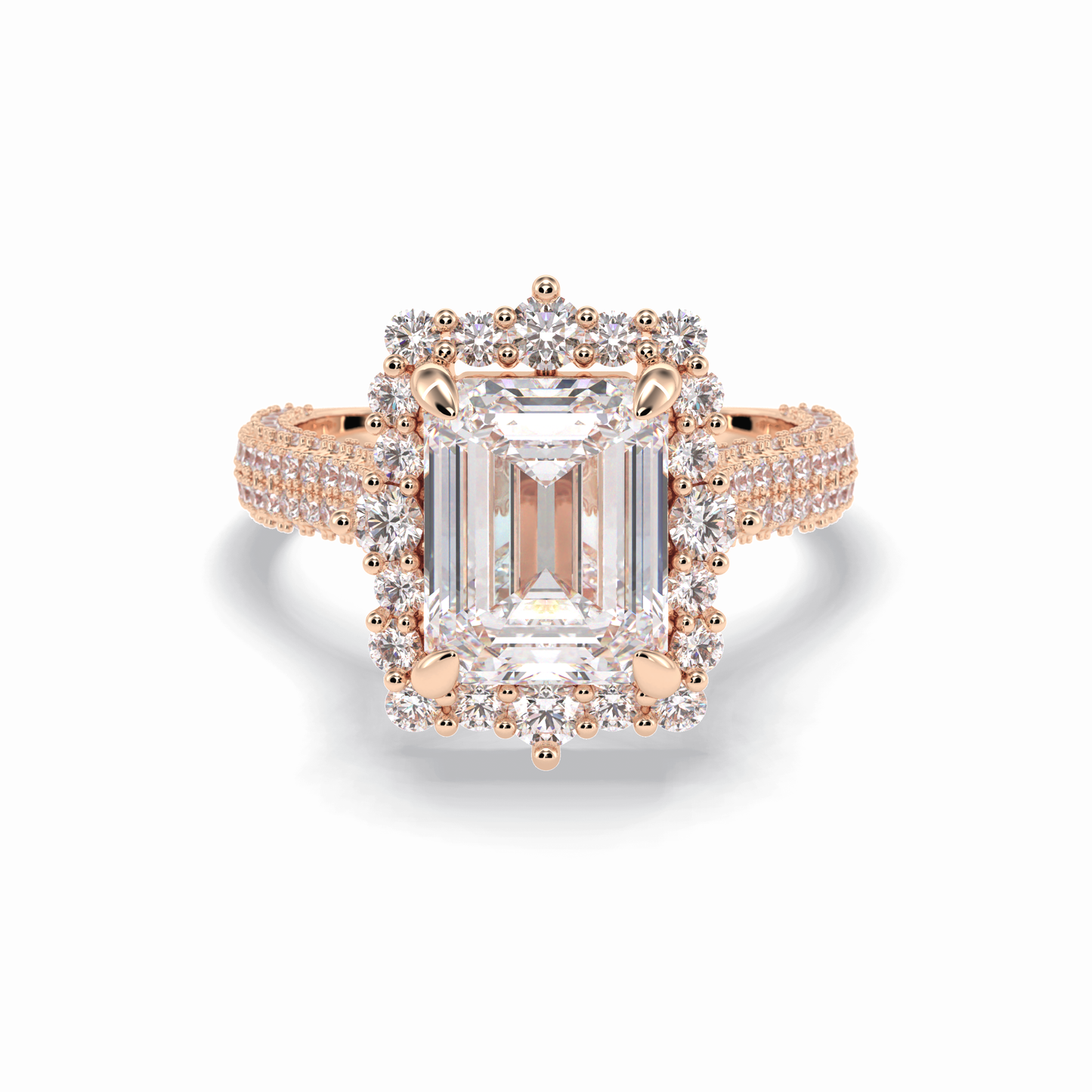 3.0 CT Emerald Cut Halo & Pave Style Moissanite Engagement Rings