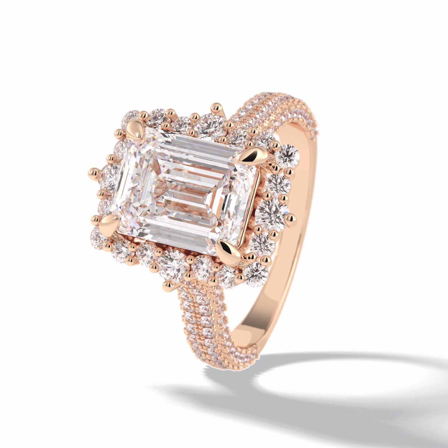 3.0 CT Emerald Cut Halo & Pave Style Moissanite Engagement Rings