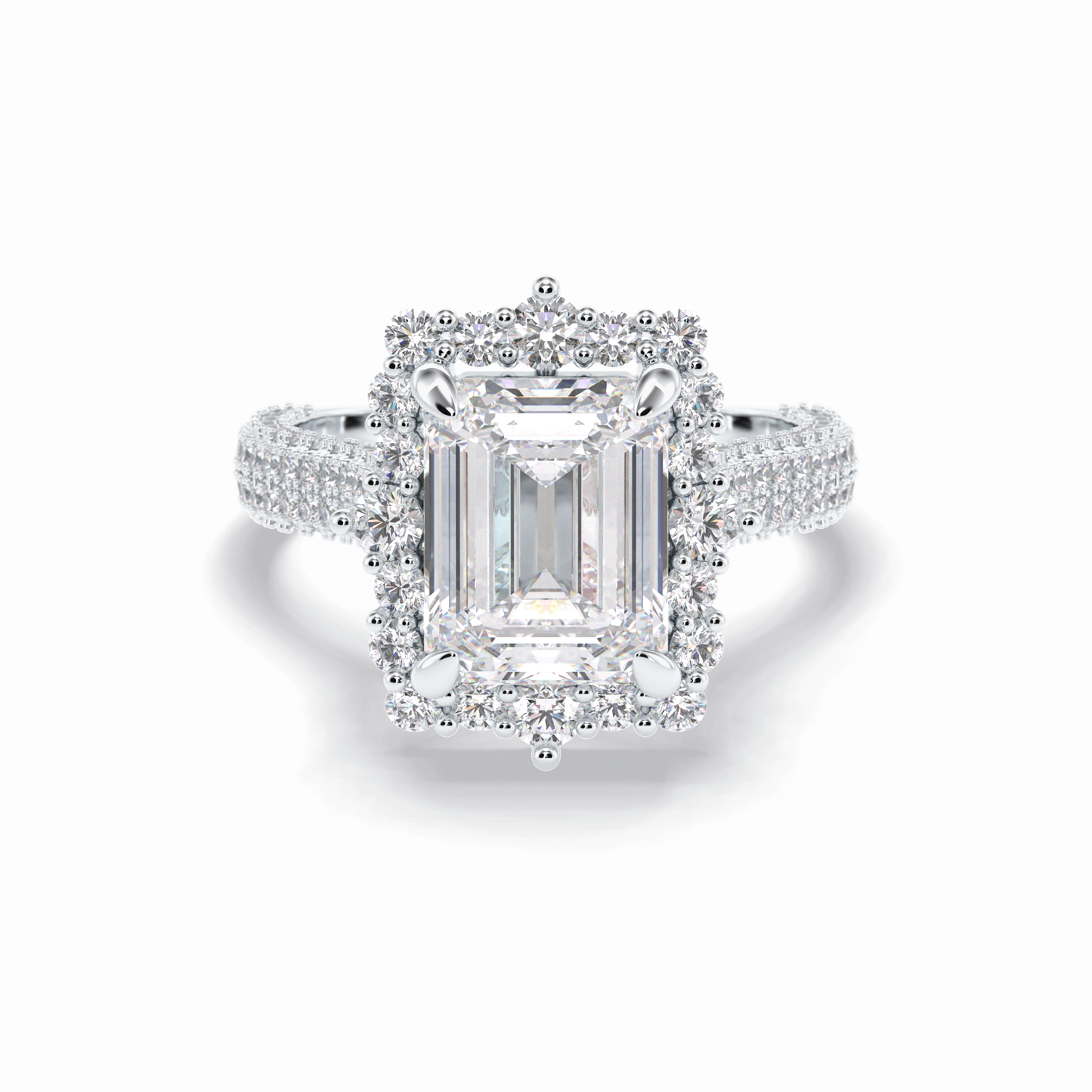 3.0 CT Emerald Cut Halo & Pave Style Moissanite Engagement Rings