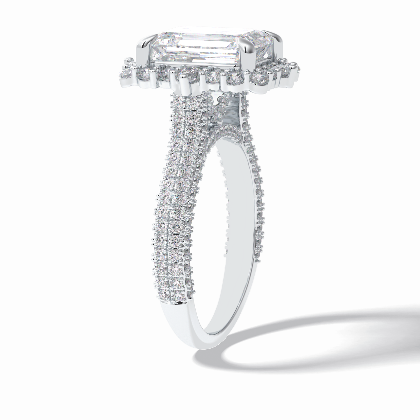 3.0 CT Emerald Cut Halo & Pave Style Moissanite Engagement Rings