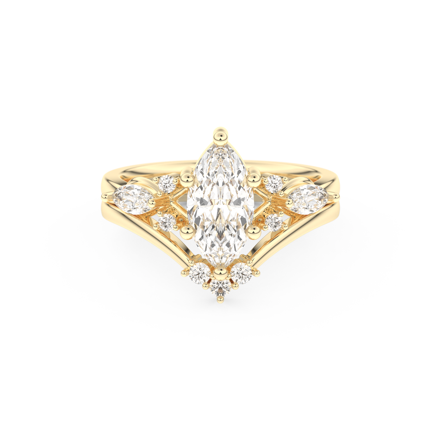 Marquise Cut Moissanite Bridal Set with Solitaire Settings– 1.08 CT Center, 0.32 TCW Accents