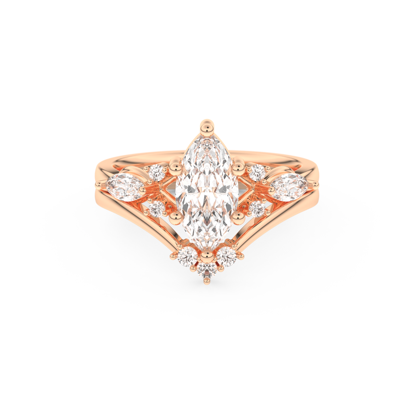 Marquise Cut Moissanite Bridal Set with Solitaire Settings– 1.08 CT Center, 0.32 TCW Accents