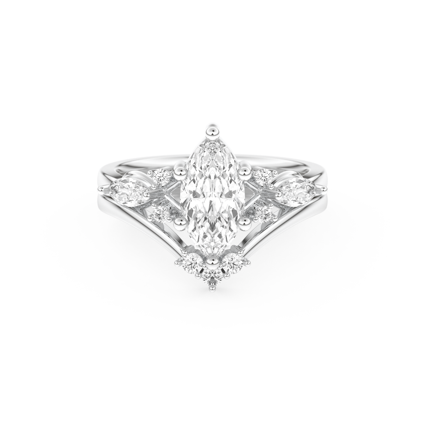 Marquise Cut Moissanite Bridal Set with Solitaire Settings– 1.08 CT Center, 0.32 TCW Accents
