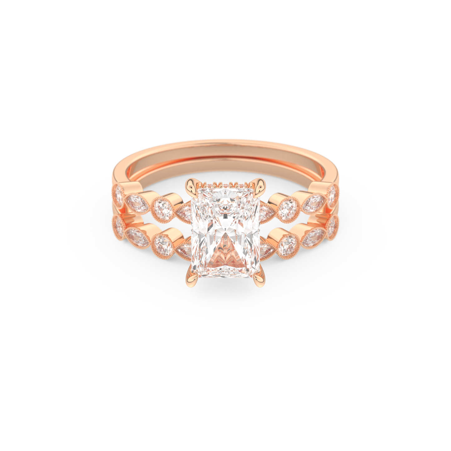 Radiant Cut Moissanite Bridal Set with Pave Settings– 1.56 CT Center, 0.53 TCW Accents