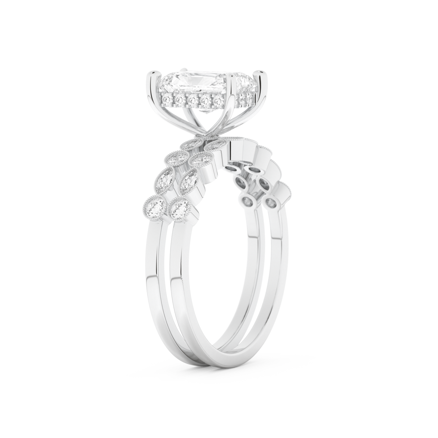 Radiant Cut Moissanite Bridal Set with Pave Settings– 1.56 CT Center, 0.53 TCW Accents