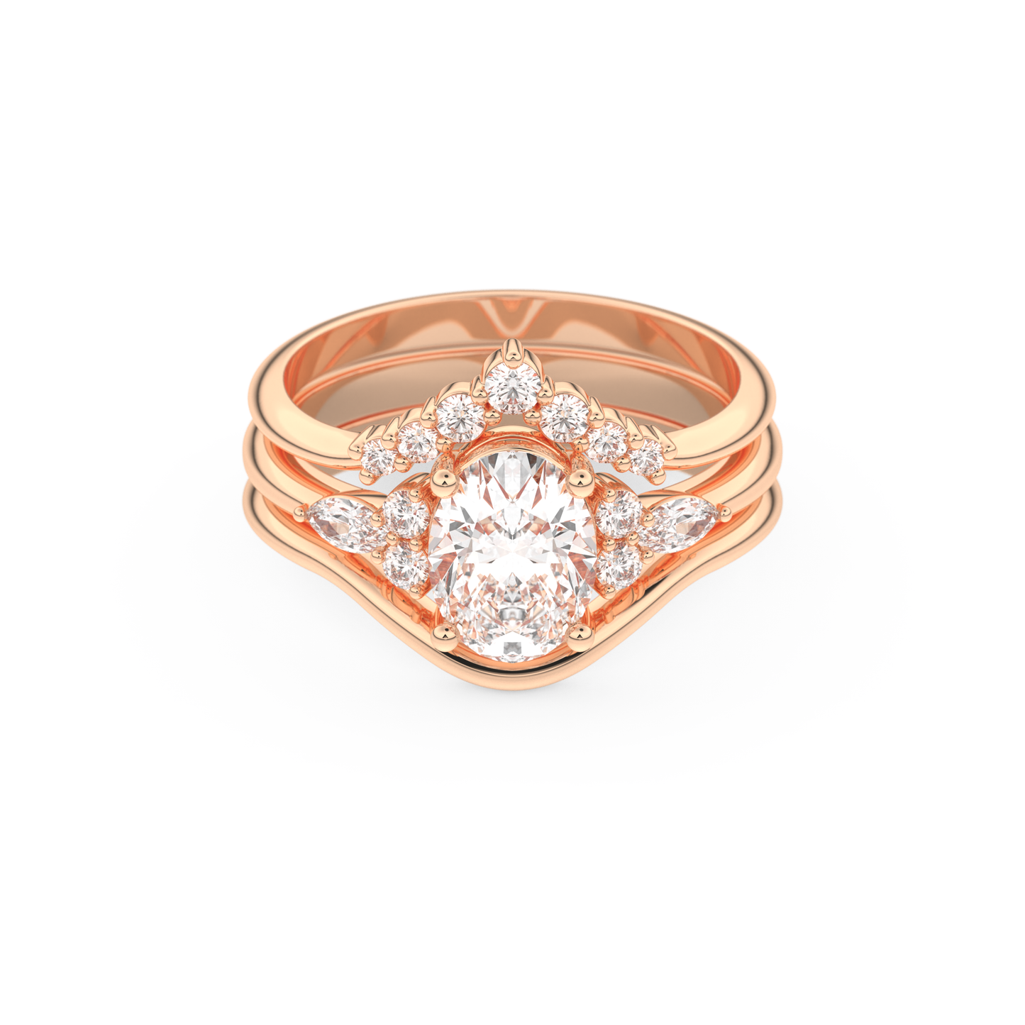 Oval Cut Moissanite Bridal Set with Three Stone Settings – 1.18 CT Center, 0.32 TCW Accents