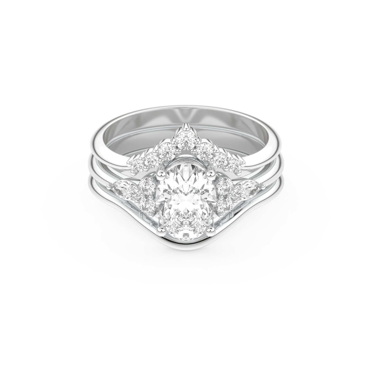 Oval Cut Moissanite Bridal Set with Three Stone Settings – 1.18 CT Center, 0.32 TCW Accents