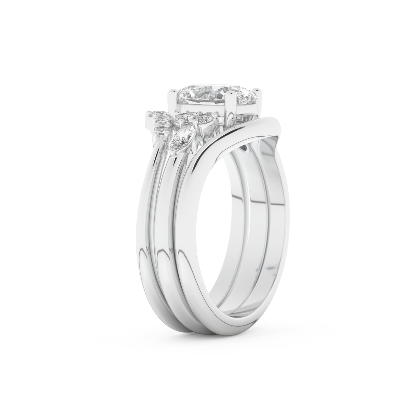 Oval Cut Moissanite Bridal Set with Three Stone Settings – 1.18 CT Center, 0.32 TCW Accents