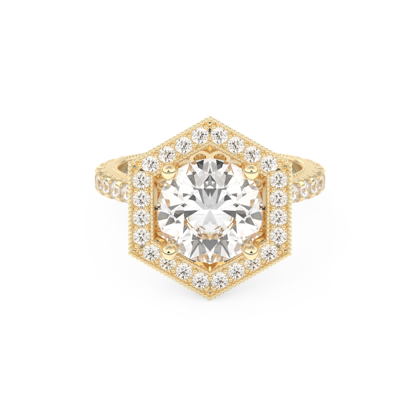 Elongated Round Cut 2.43 Carat Moissanite Ring – Hidden Halo & Pave Setting in Gold