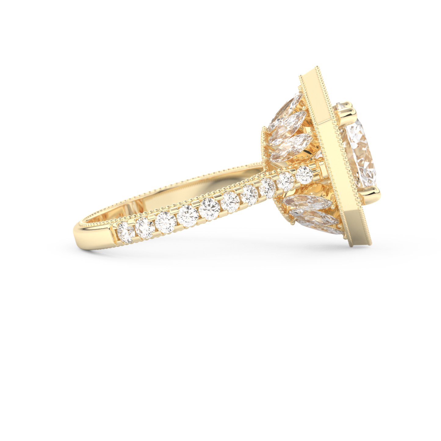 Elongated Round Cut 2.43 Carat Moissanite Ring – Hidden Halo & Pave Setting in Gold