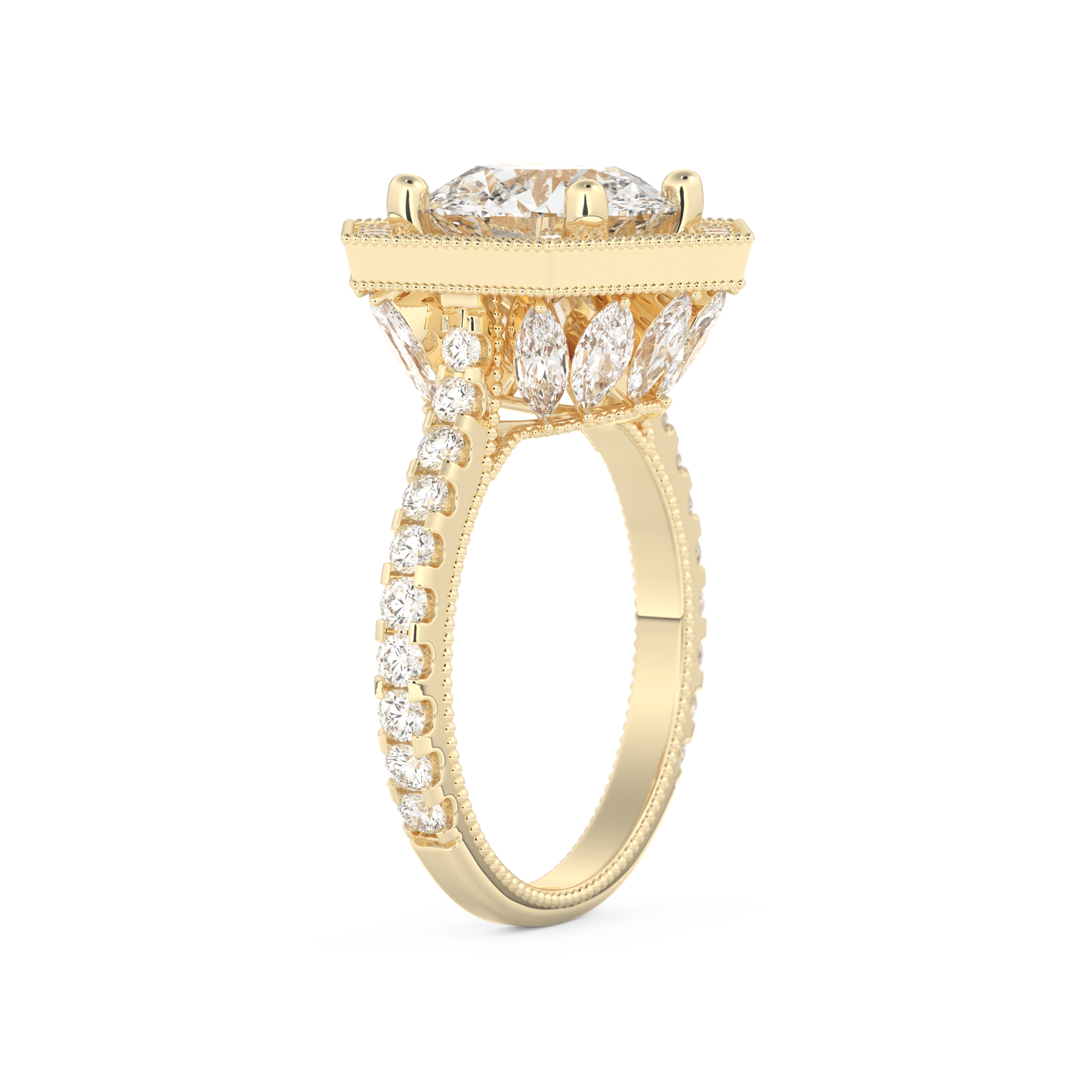 Elongated Round Cut 2.43 Carat Moissanite Ring – Hidden Halo & Pave Setting in Gold