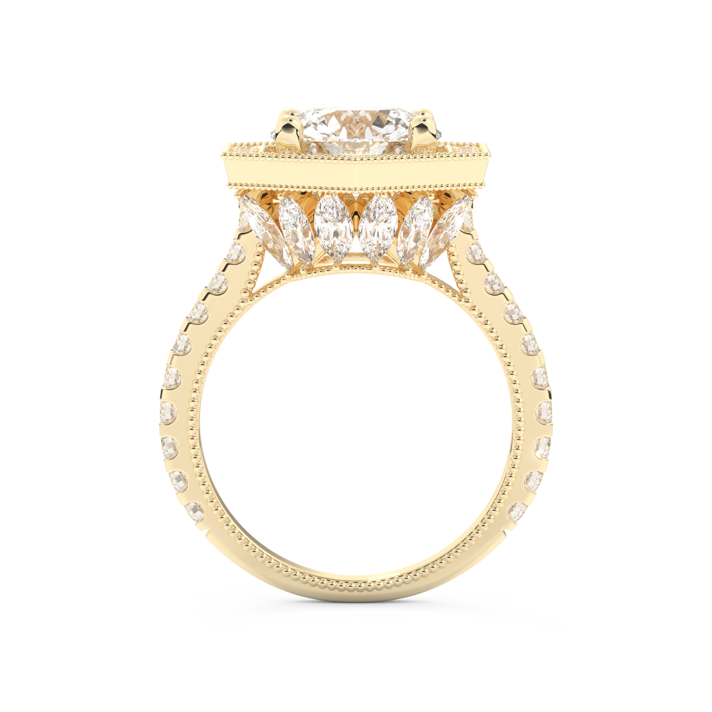 Elongated Round Cut 2.43 Carat Moissanite Ring – Hidden Halo & Pave Setting in Gold