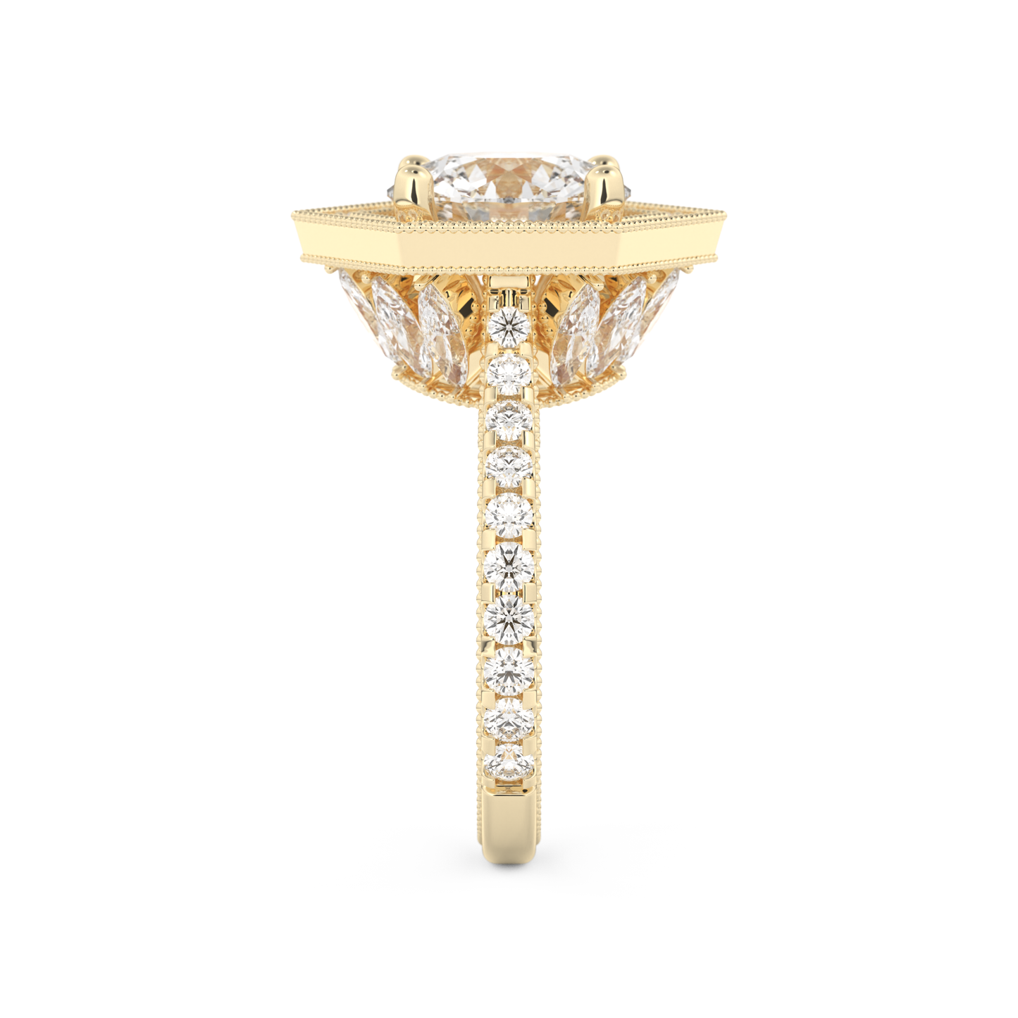Elongated Round Cut 2.43 Carat Moissanite Ring – Hidden Halo & Pave Setting in Gold