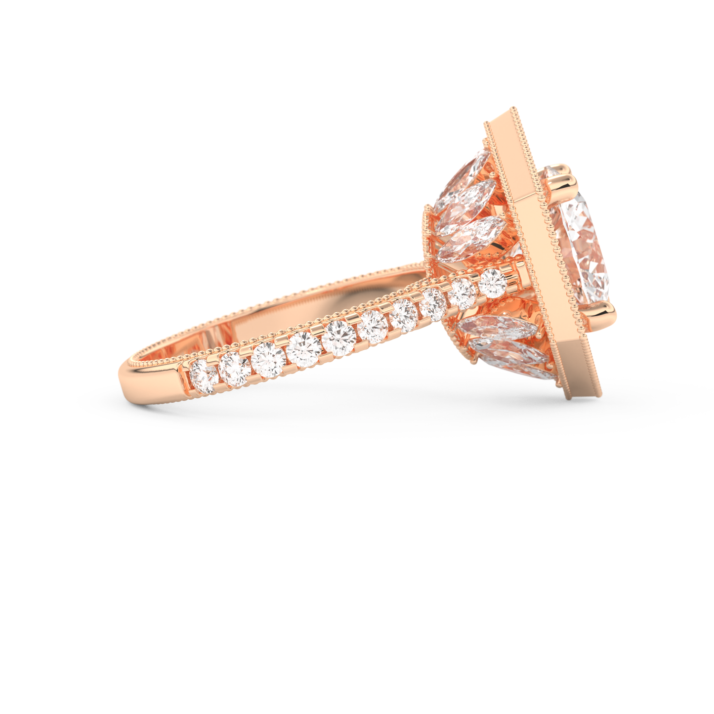 Elongated Round Cut 2.43 Carat Moissanite Ring – Hidden Halo & Pave Setting in Gold