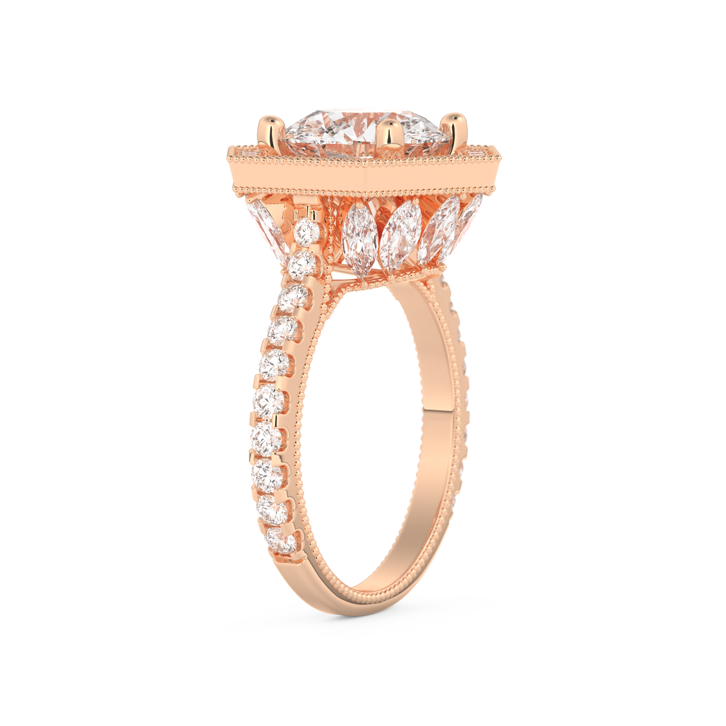 Elongated Round Cut 2.43 Carat Moissanite Ring – Hidden Halo & Pave Setting in Gold