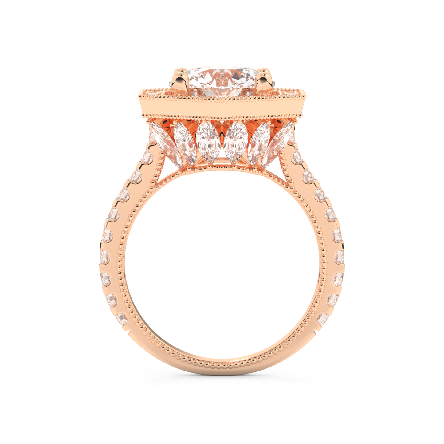 Elongated Round Cut 2.43 Carat Moissanite Ring – Hidden Halo & Pave Setting in Gold