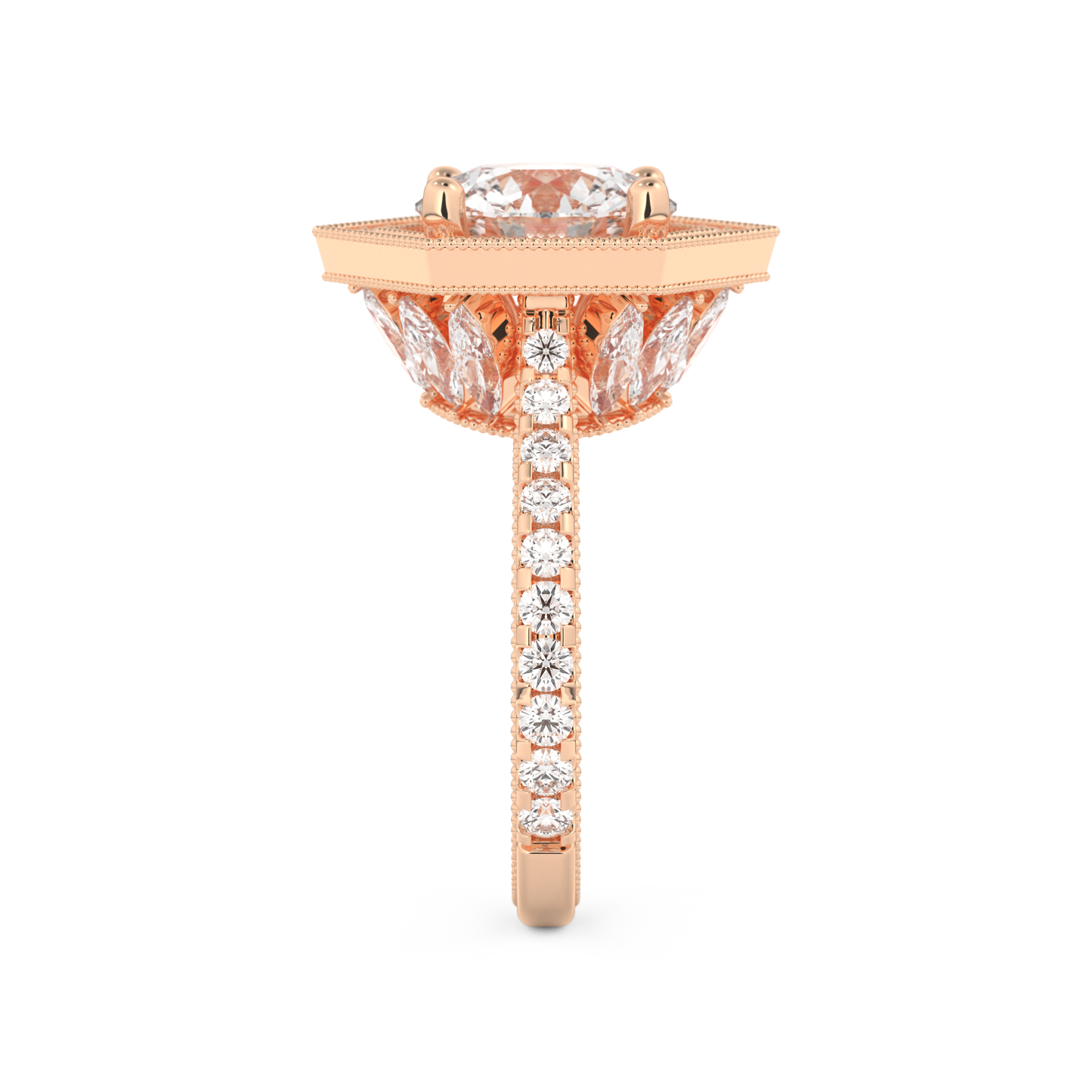 Elongated Round Cut 2.43 Carat Moissanite Ring – Hidden Halo & Pave Setting in Gold