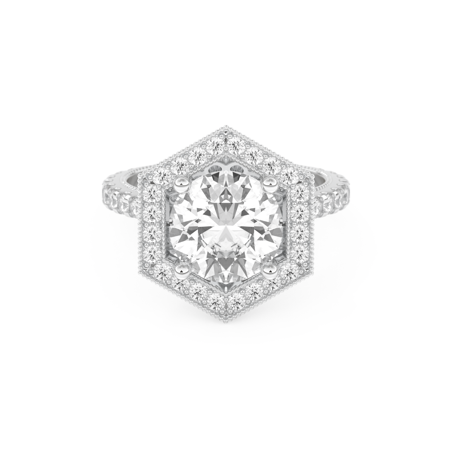 Elongated Round Cut 2.43 Carat Moissanite Ring – Hidden Halo & Pave Setting in Gold