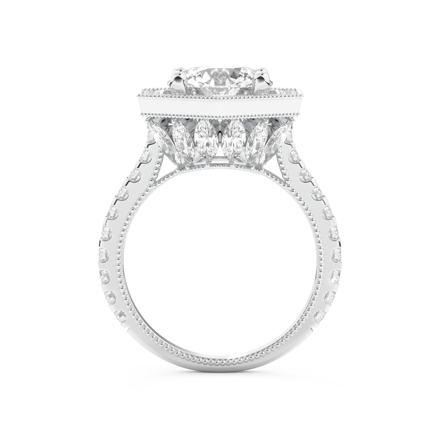 Elongated Round Cut 2.43 Carat Moissanite Ring – Hidden Halo & Pave Setting in Gold