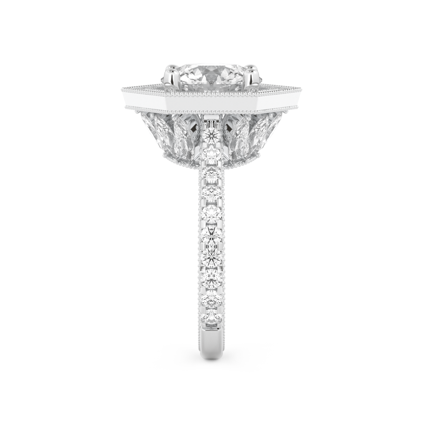 Elongated Round Cut 2.43 Carat Moissanite Ring – Hidden Halo & Pave Setting in Gold