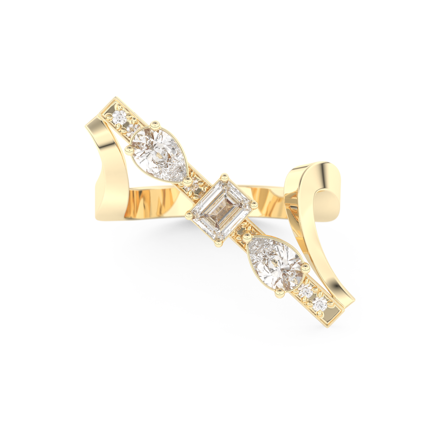 Elongated Emerald Cut 0.26 Carat Moissanite Ring – Cluster and Pave Setting in Gold