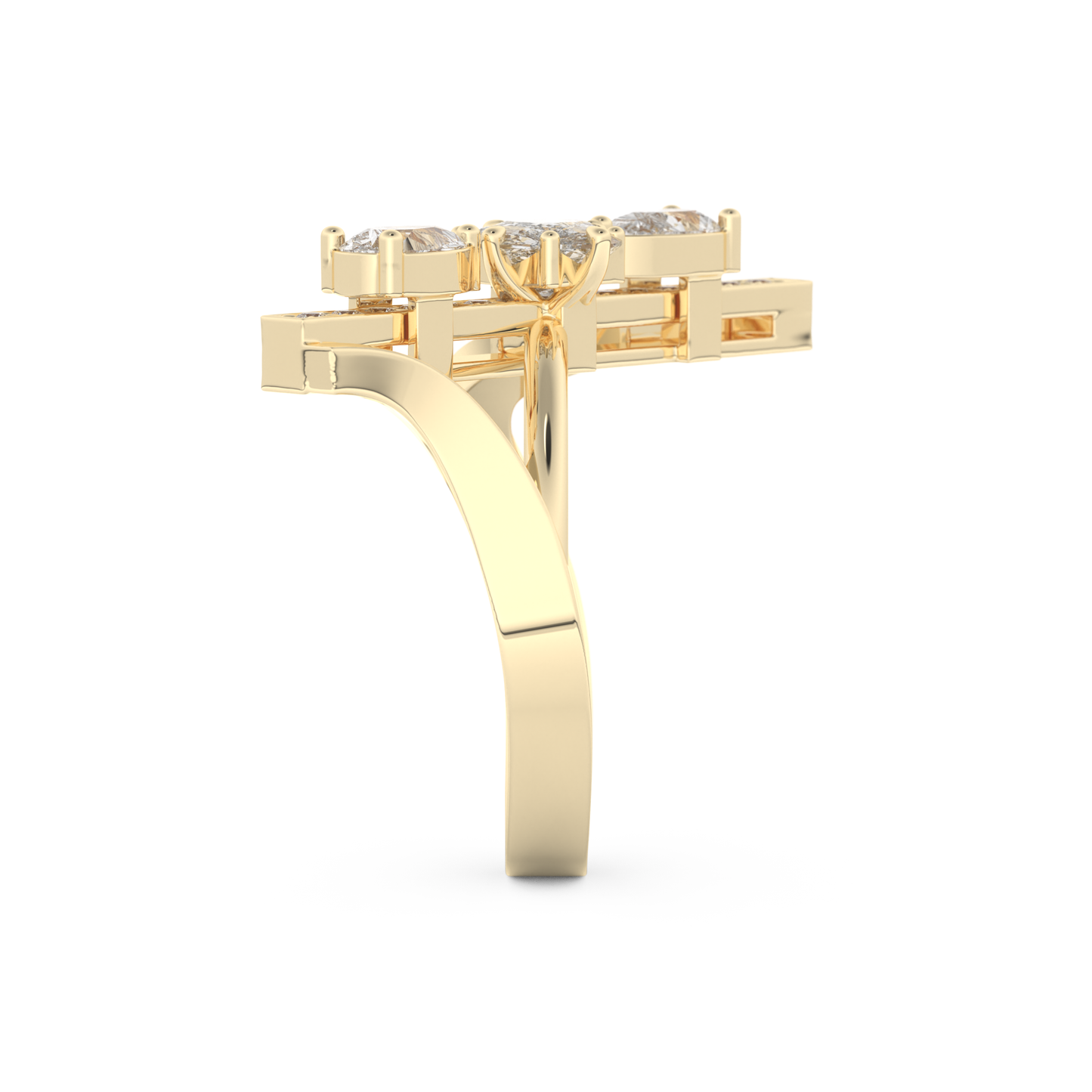 Elongated Emerald Cut 0.26 Carat Moissanite Ring – Cluster and Pave Setting in Gold