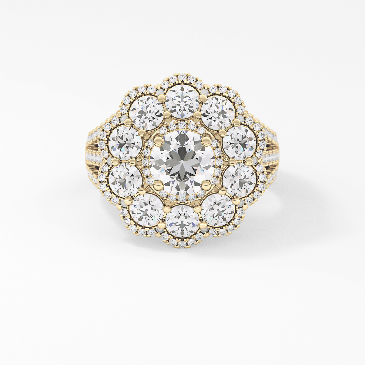 Round Cut 1.13 Carat Moissanite Ring – Cluster & Split Shank Setting in Gold