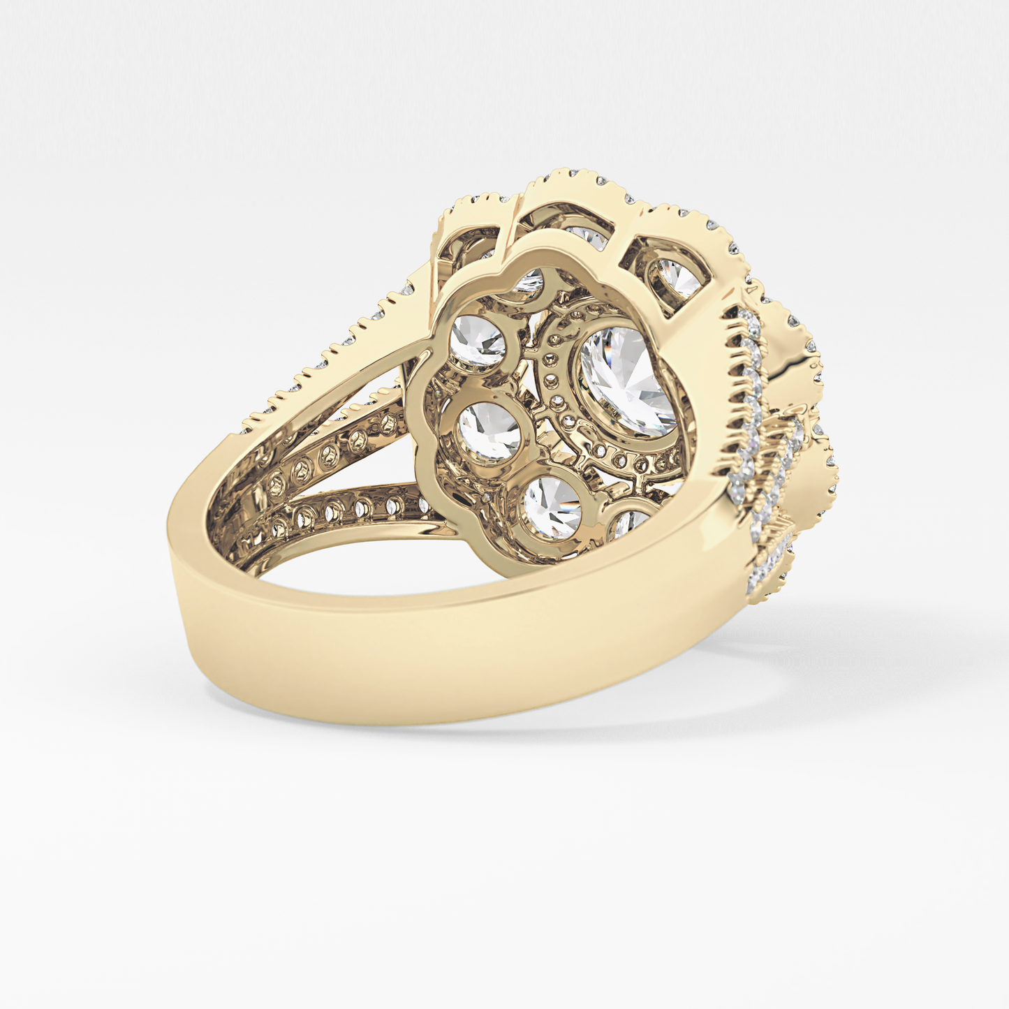 Round Cut 1.13 Carat Moissanite Ring – Cluster & Split Shank Setting in Gold