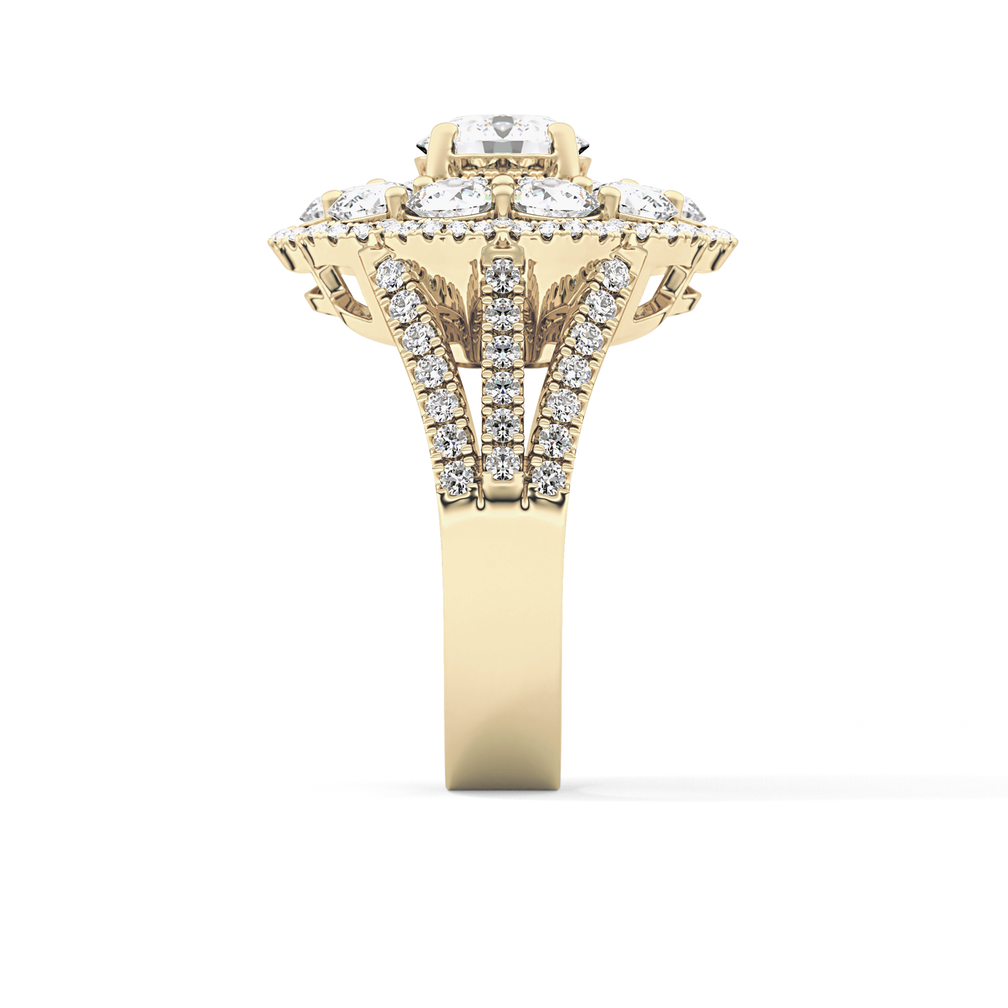 Round Cut 1.13 Carat Moissanite Ring – Cluster & Split Shank Setting in Gold
