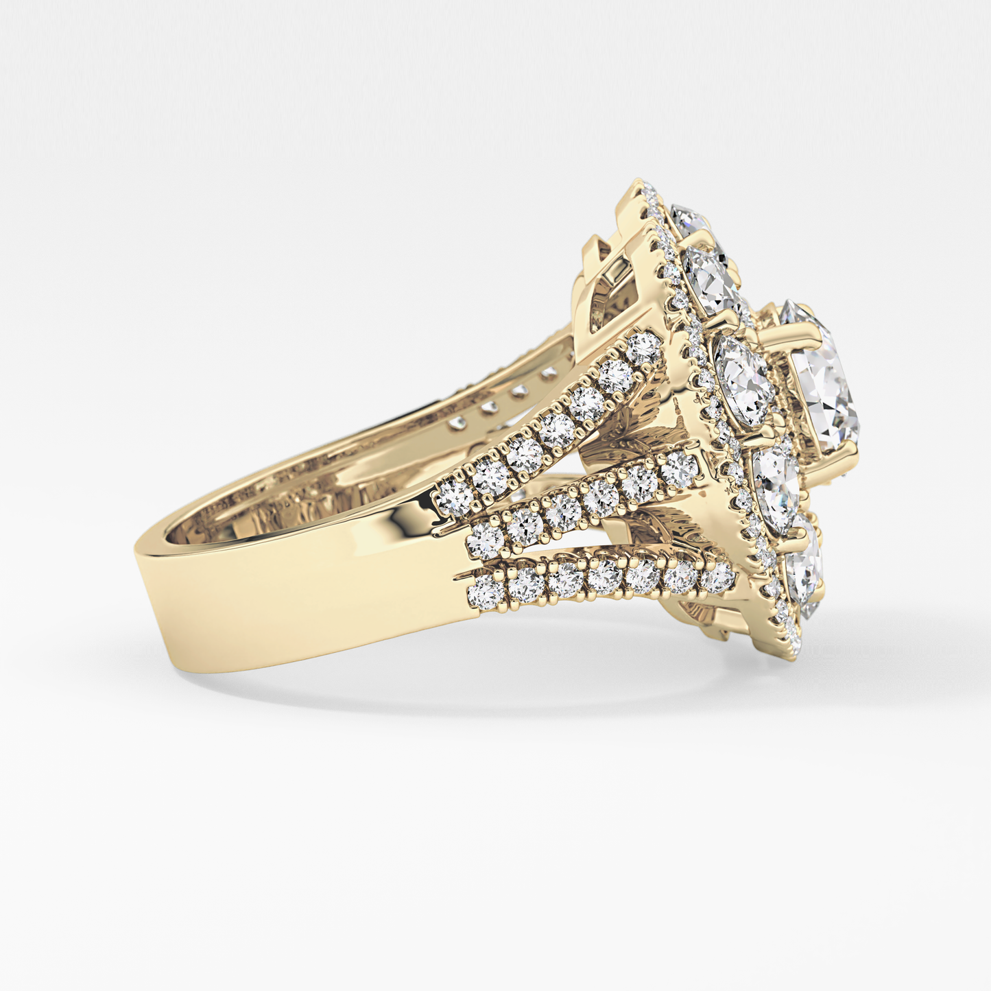 Round Cut 1.13 Carat Moissanite Ring – Cluster & Split Shank Setting in Gold