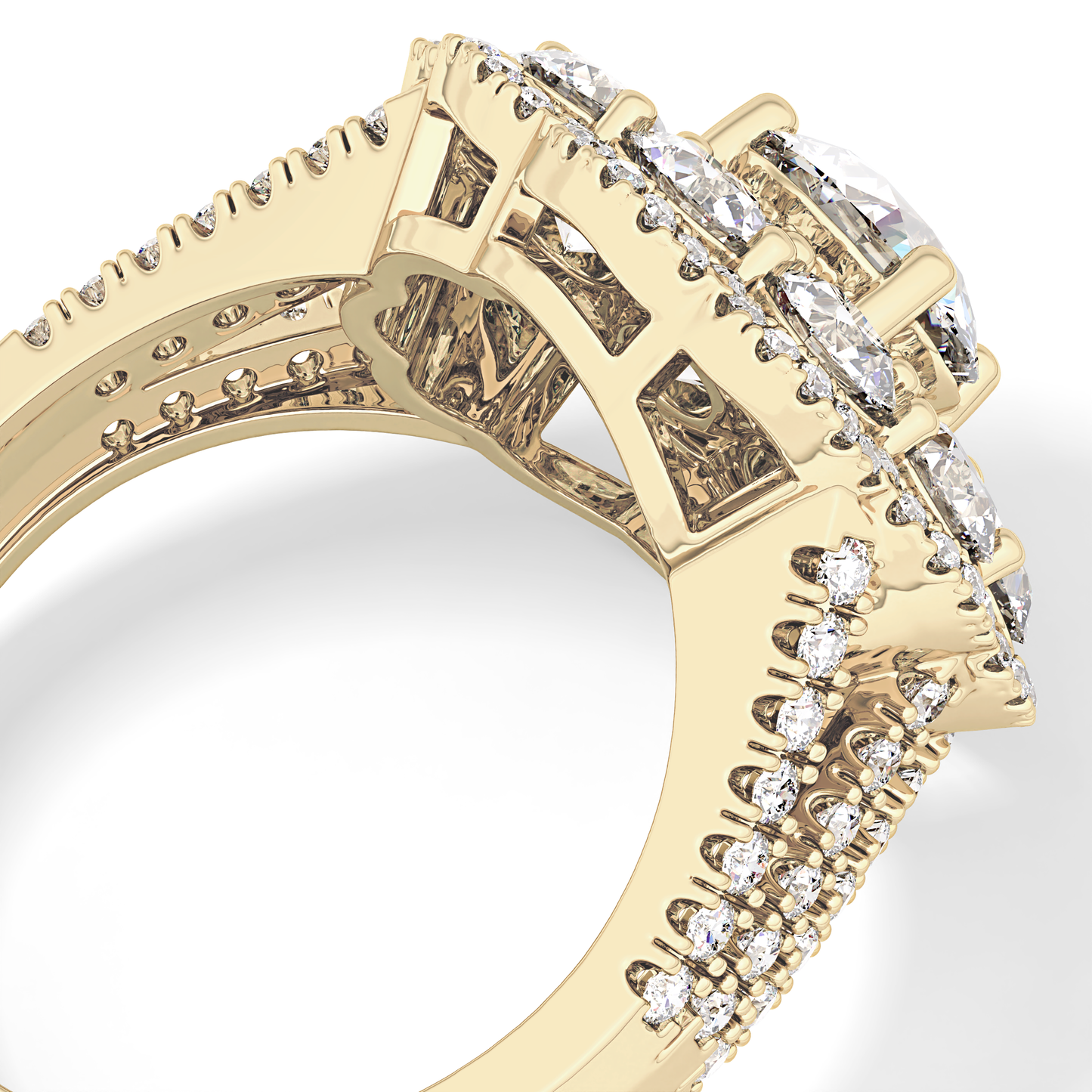 Round Cut 1.13 Carat Moissanite Ring – Cluster & Split Shank Setting in Gold