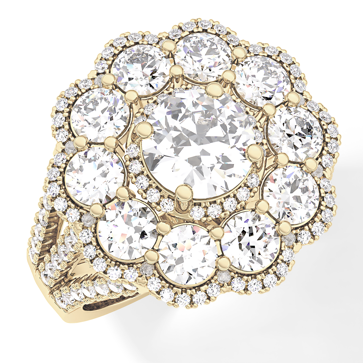 Round Cut 1.13 Carat Moissanite Ring – Cluster & Split Shank Setting in Gold