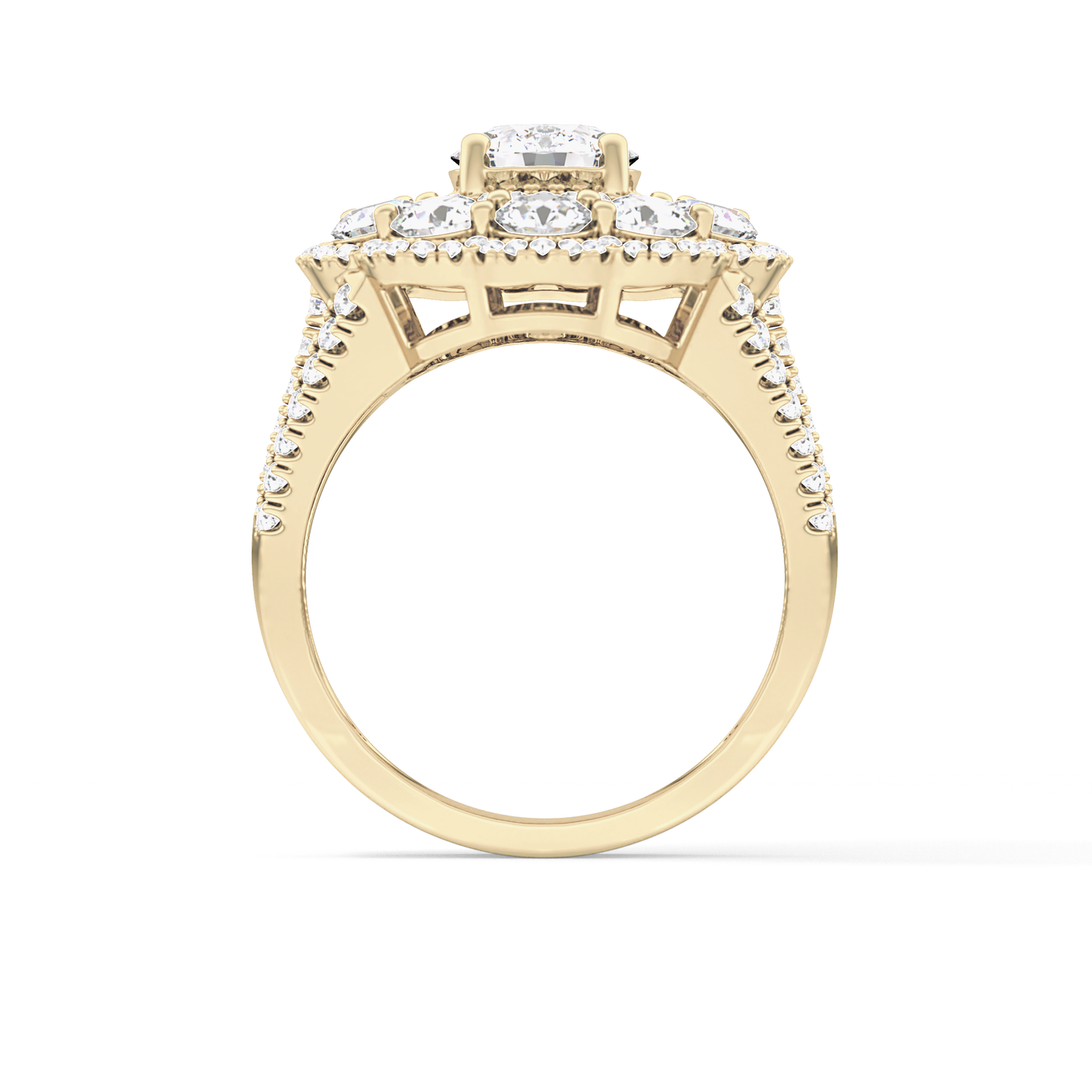 Round Cut 1.13 Carat Moissanite Ring – Cluster & Split Shank Setting in Gold